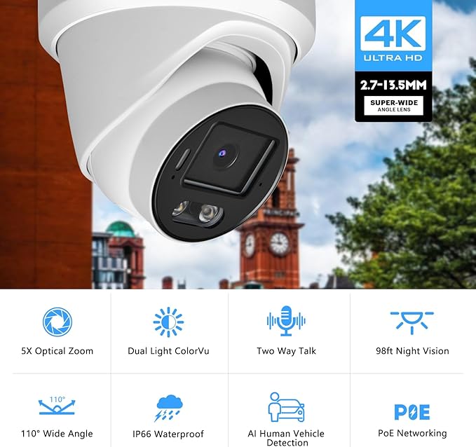 8MP 4K PoE IP Security Camera, H.265 Dome IP Camera with Smart Dual Light Colorvu, 5X Optical Zoom, Two Way Talk, SD Card Slot, 98ft Night Vision, 110°Wide Angle, Human/Vehicle Detection