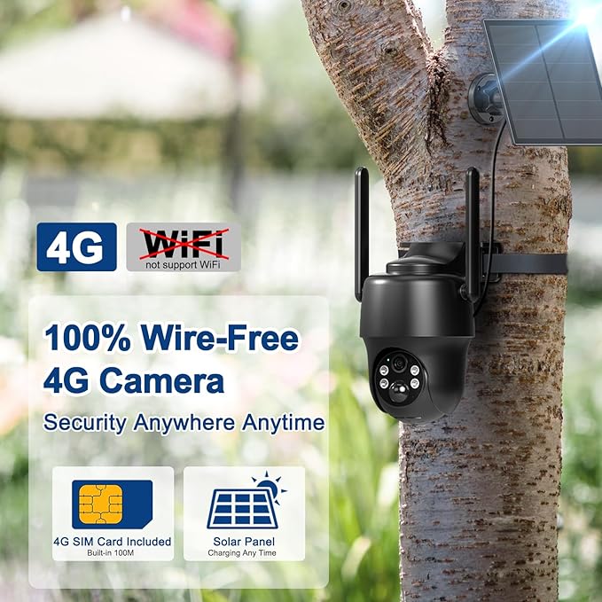 ANRAN 4G LTE Cellular Solar Security Camera Wireless Outdoor,No WiFi 3MP Solar Powered 2K Camera,Color Night Vision,360° Live View,PIR Motion Sensor,2 Way Talk,Black (SIM&SD Card Included)
