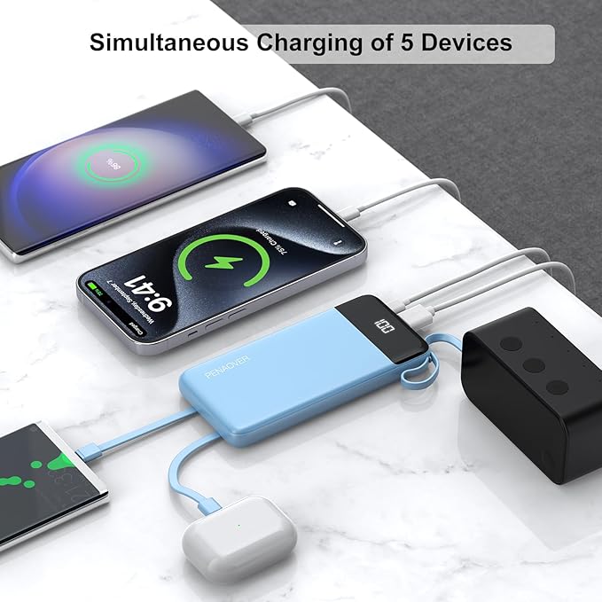 Portable Charger 10000mAh Power Bank with Built-in Cable, 5 Output 2 Input Travel Essential External Battery Pack with LED Display Compatible with iPhone 16/15 Samsung S22 Android,etc