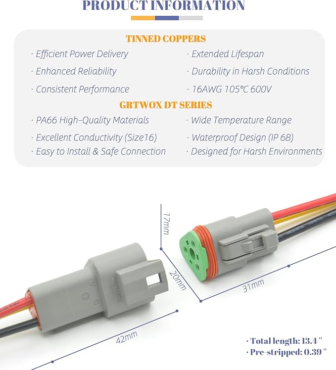 DT Deutsch 3 Pin Connector Kit Waterproof Electrical Connector 16 AWG Male and Female Automotive Wire Connectors for Car Truck Boat, Dt Connector 2 Sets (3 Pin 2 Sets)