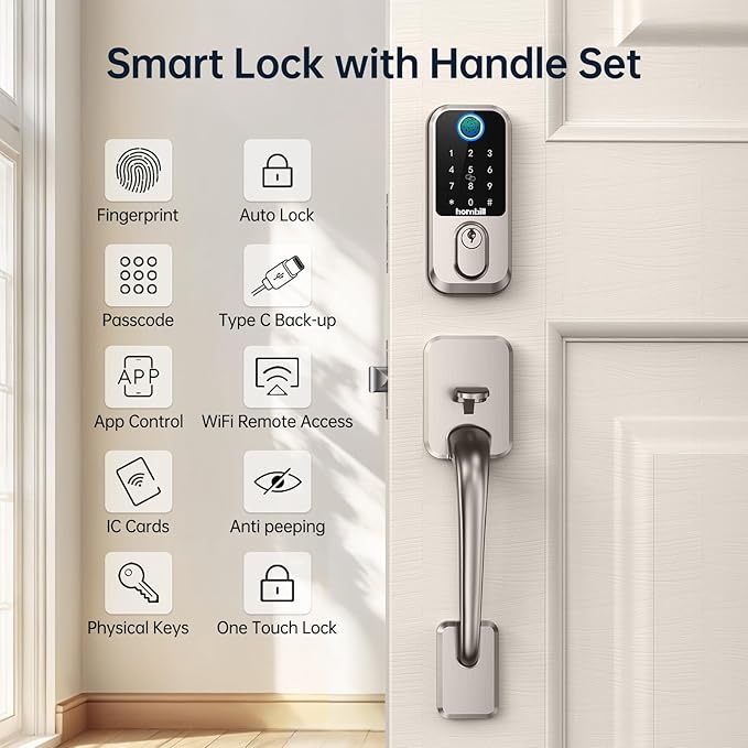 WiFi Fingerprint Smart Door Lock: Keyless Entry Door Lock Deadbolt with Handle,Hornbill Smart Locks for Front Door, Entry Door Keypad Lock Set, Electronic Digital Biometric Bluetooth Lock-Satin Nickel