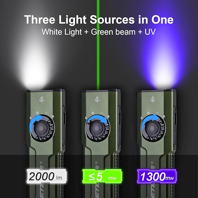 JETBeam E26 EDC Tactical Flashlight 2000 Lumens USB-C Rechargeable with Green Beam,365nm UV and White LED Combo Portable Pocket Lights,Triple Sources for Emergency,Working,stain Detecton(with Battery)
