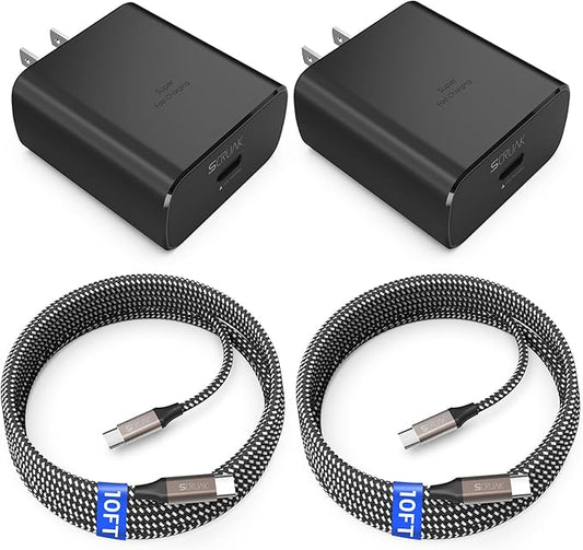 45W USB-C Charger, 2-Pack 45 Watt Super Fast Charger Type C Wall Charging Block with 2X 10FT Type C Cable for Samsung Galaxy S25 Ultra/S25/S25+/S24 Ultra/S23+/S23/S22/S20,Note 10/20,Tab S9/S8