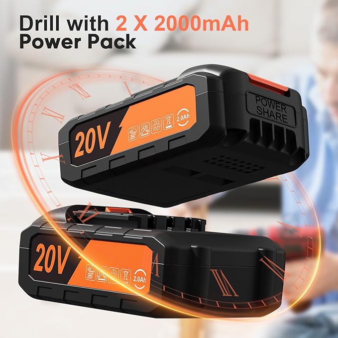 Cordless Drill, 20V Power Drill, Double 2000mAh Power Pack Electric Drills, Cordless Drills with Power Pack and Charger, 3/8" Keyless Chuck Screwdriver with 25+1 Max 370 In-lb Torque, 42Pcs Bits