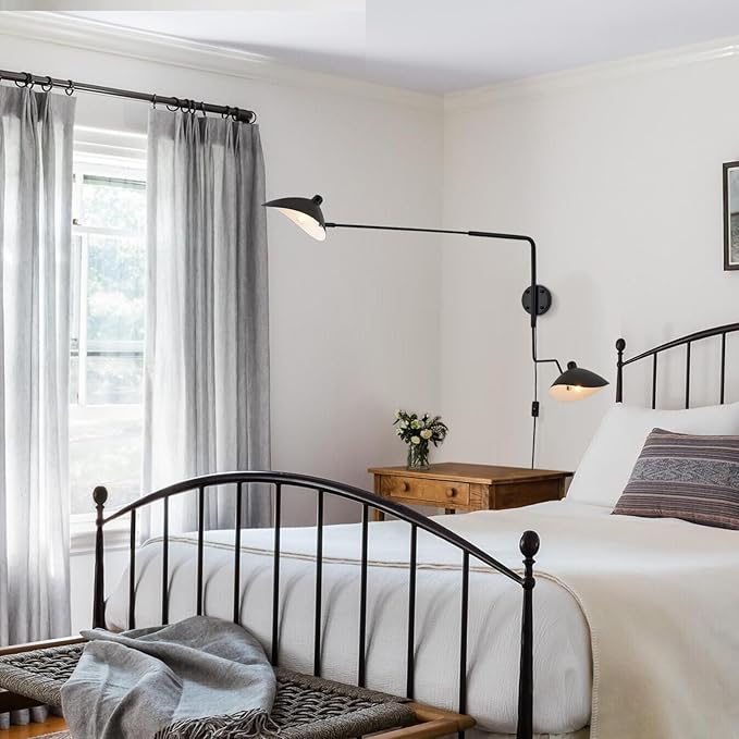 67" Mid-Century Wall Sconce Plug in with Adjustable 2-Arms, Matt Black Wall Lights with On/Off Cord for Bedroom, Living Room, Dining Room 2-Light