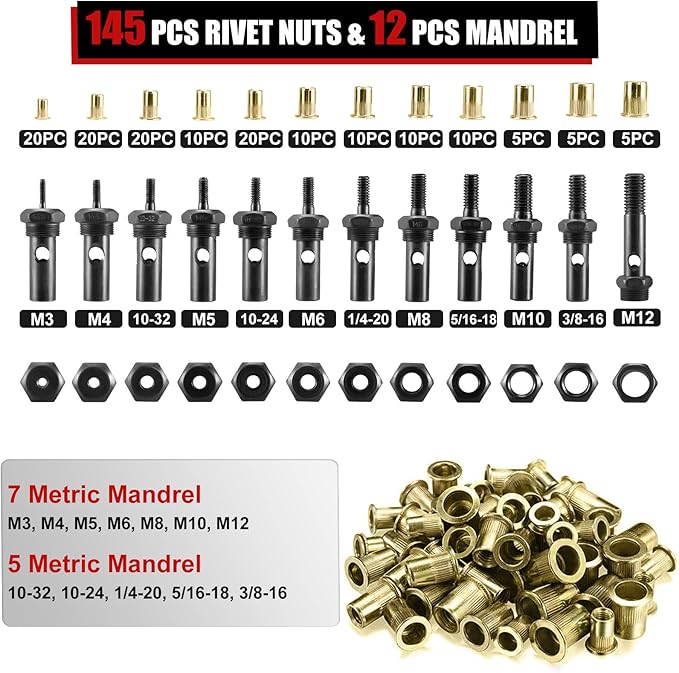 AOBEN 16" Rivet Nut Tool, Professional Hand Rivet Nut Setter Kit with 12 Interchangeable Metric & SAE Mandrels, 145Pcs Rivnuts and Rugged Carrying Case
