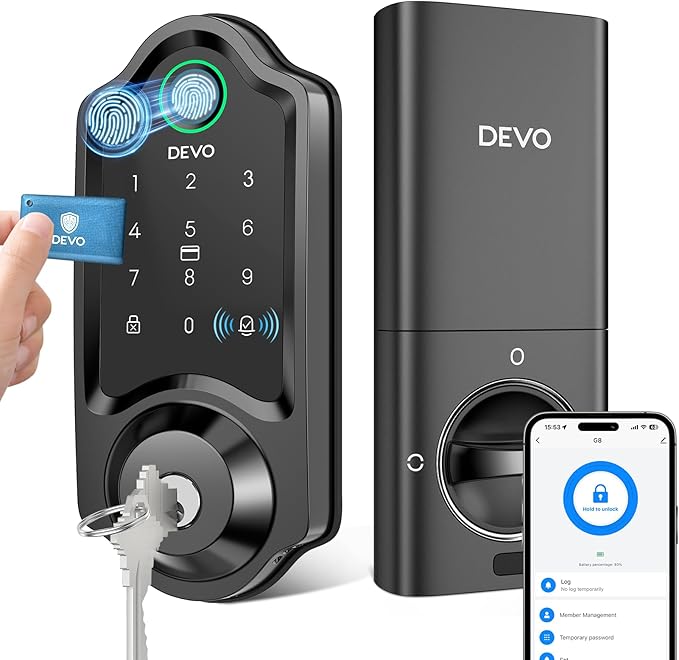 DEVO G8 Fingerprint Smart Lock, Keyless Entry Door Lock with Doorbell, Built-in Wi-Fi Deadbolt, Smart Door Lock for Front, APP Remote, Auto-Locks,Easy Install, IP54 Waterproof