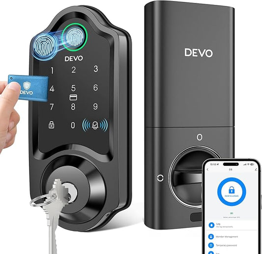DEVO G8 Fingerprint Smart Lock, Keyless Entry Door Lock with Doorbell, Built-in Wi-Fi Deadbolt, Smart Door Lock for Front, APP Remote, Auto-Locks,Easy Install, IP54 Waterproof