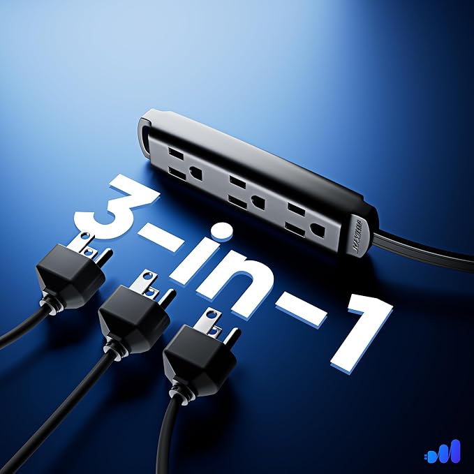 Maximm 6 Ft Black 360° Rotating Flat Plug Extension Cord with 3 Outlets on One Side, Space-Saving Design for Compact Areas, Home & Office Use UL-Listed