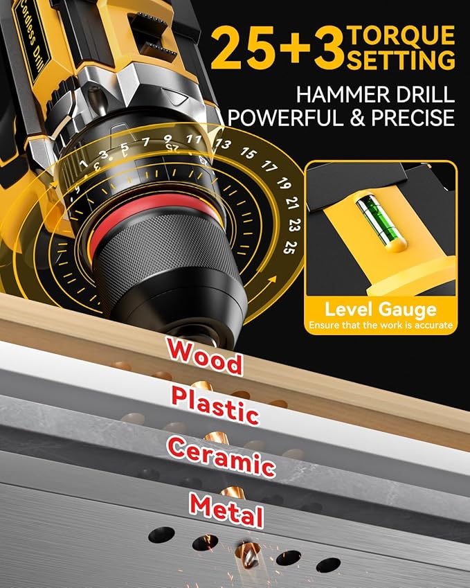 Cordless Drill, 21V 2x 2.0Ah Batteries Electric Drill, Electric Screwdriver Set, 398 In-lbs Power Hammer Drills Driver, 25+3 Torque, 2 Speed LED Light 27 Accessories Combi Drills Kit Tools