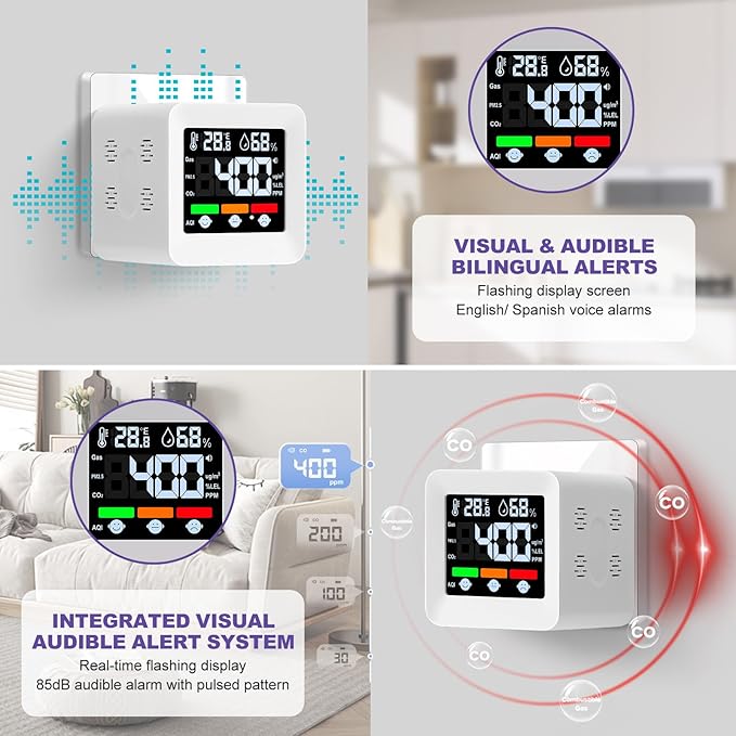 Plug-in 4-in-1 Smart Gas & CO Detector with Temp/Humidity - Natural Gas, Propane & Methane Detector for Home, RV & Apartments (1, White-Voice Edition)