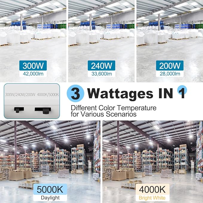 2-Pack 300W High Bay LED Shop Lights, Power Tunable 300W/240W/200W, 4000K/5000K Selectable, 3FT 42000LM 100-277V, Linear High Bay Lights for Warehouse Workshop Supermarket Stadium, ETL