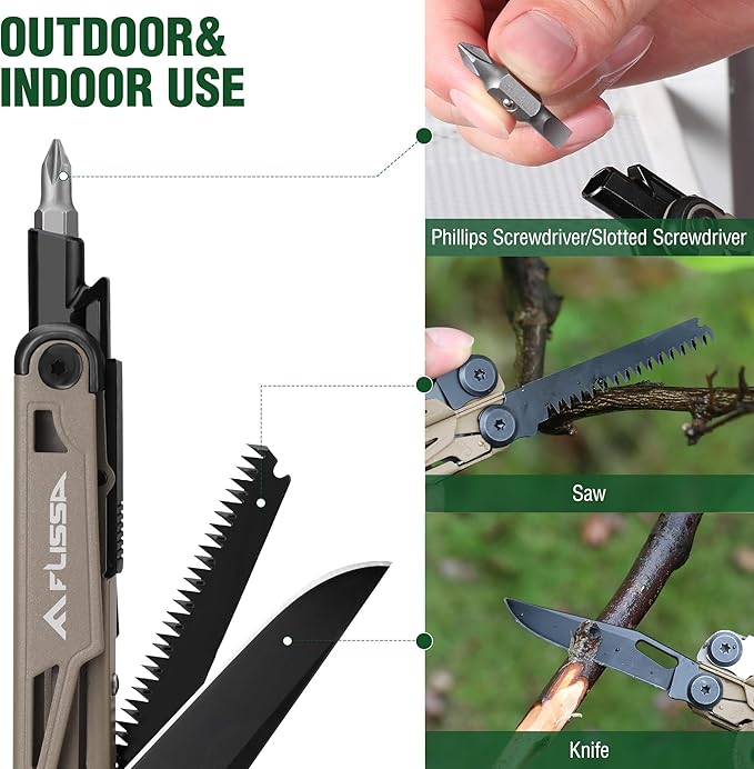 FLISSA Multitool, 15-in-1 Multi Tool Pocket Knife with Sheath, Stainless Steel EDC Multitool Pliers for Men, All-in-One Tools for Camping, Fishing, Survival