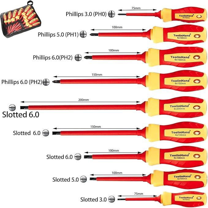 9 PCS 1000V Insulated Electrical Screwdriver Set, 4 Phillips and 5 Slotted Screwdrivers, with Voltage Tester, CR-V Magnetic Tips, Professional Electrician Electrical Screwdriver Tool Set