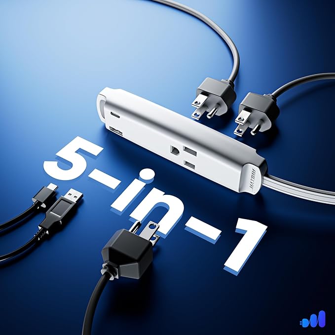 Maximm 360° Rotating Flat Plug Extension Cord 3-Outlet with USB-C and USB-A Ports 3FT, 3-Prong Flat Wire 16AWG, UL Certified (White)