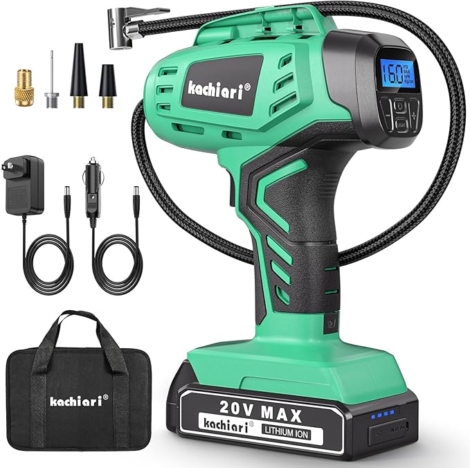 Tire Inflator Portable Air Compressor, 20V Cordless Car Tire Pump, Rechargeable Battery Powered Air Compressor w/12V DC Adapter Light Green