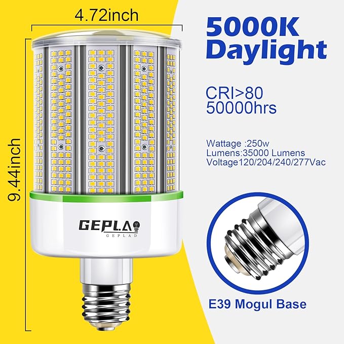 2-Pack 250W E39 Mogul Base LED Bulb, 5000K Daylight 35,000LM LED Corn Light Bulb(Eqv.1000w Mh/Hps/Hid), for Garage Factory Workshop Warehouse Barn(Non-Dimmable)