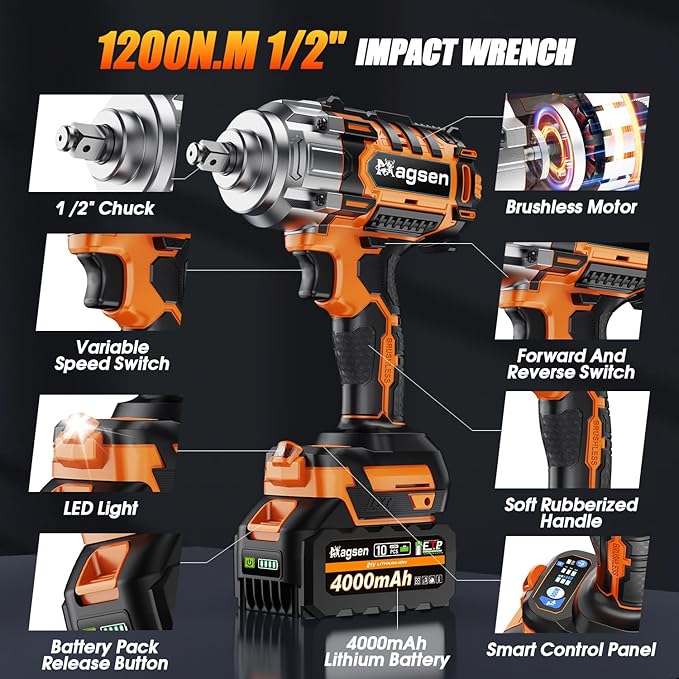 1/2 inch Cordless Impact Wrench, 900Ft-lbs (1200N.m) High Torque Brushless Impact Gun,3800RPM,2x4000mAh Battery, 6 Sockets,LED Light,Electric Impact Motor Variable Speeds for Car/Mower/Pickup