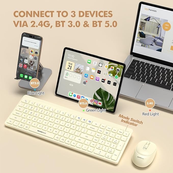 Wireless Keyboard and Mouse Combo for Desktop Mac iPad Bluetooth 2.4 Ghz Rechargeable Ultra Silent Click with Number Pad Compatible with Pc, Laptop, Tablet (Cream)