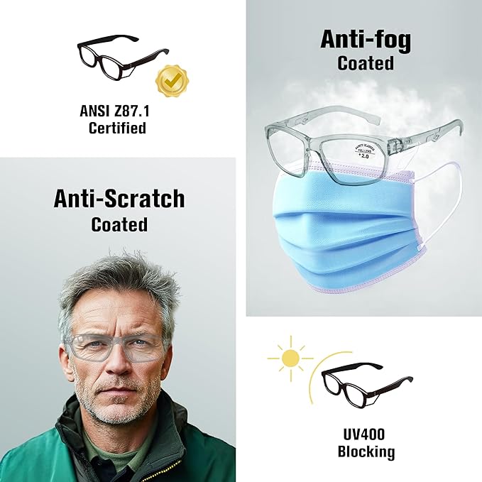 ProtectX Stylish Anti-Fog & Scratch-Resistant Safety Glasses With Readers, UV Protection Goggles, Anti-Impact Lightweight Glasses for Men＆Women Charcoal Reading 2.0-2 Pack