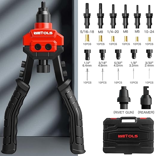 WETOLS 3 in 1 Rivet Nut Tool, Rivet Gun, Reamer Set, Professional Rivet Gun Kit with 5 Rivet Heads and 6 Metric & SAE Mandrels, Hand Riveter Tool with 50 Rivets and 60 Rivet Nuts, Sturdy Case, WE-890