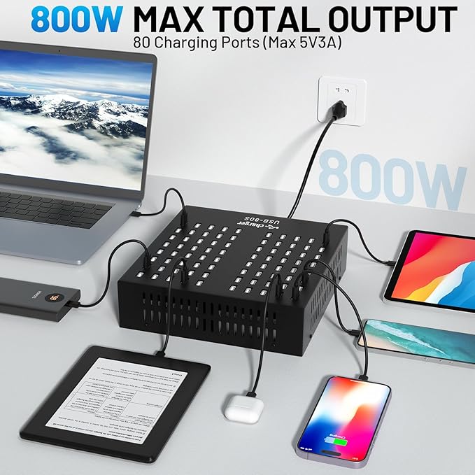 Multiple USB Charging Station, MIXILIN 80 Ports 800W(150A) Fast Charger Station with Power Switch, Desktop Charging Station for Multiple Devices Compatible with Cell Phones iPad Kindle Tablet