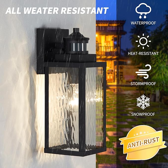 2 Pack Motion Sensor Outdoor Wall Lights,Updated Dusk to Dawn Outdoor Lighting, Exterior Light Fixtures Wall Mount With Water-Rippled Glass,Waterproof Black Porch Light Outside Lights for House