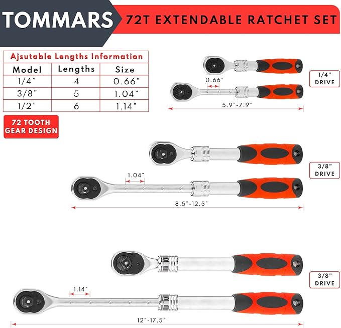 TOMMARS Extendable Ratchet Wrench Set, 1/4" 3/8" 1/2" Drive 72-Tooth Quick-release Retractable Socket Wrench Reversible