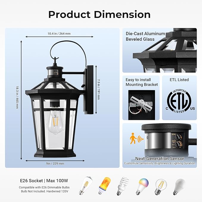 VIANIS Motion Sensor Outdoor Light fixtures Wall Mount, Large Anti-Rust Aluminum Outdoor Lantern, Black Waterproof Outside Wall Sconce for House, Modern Dusk to Dawn Exterior Lighting for Garage