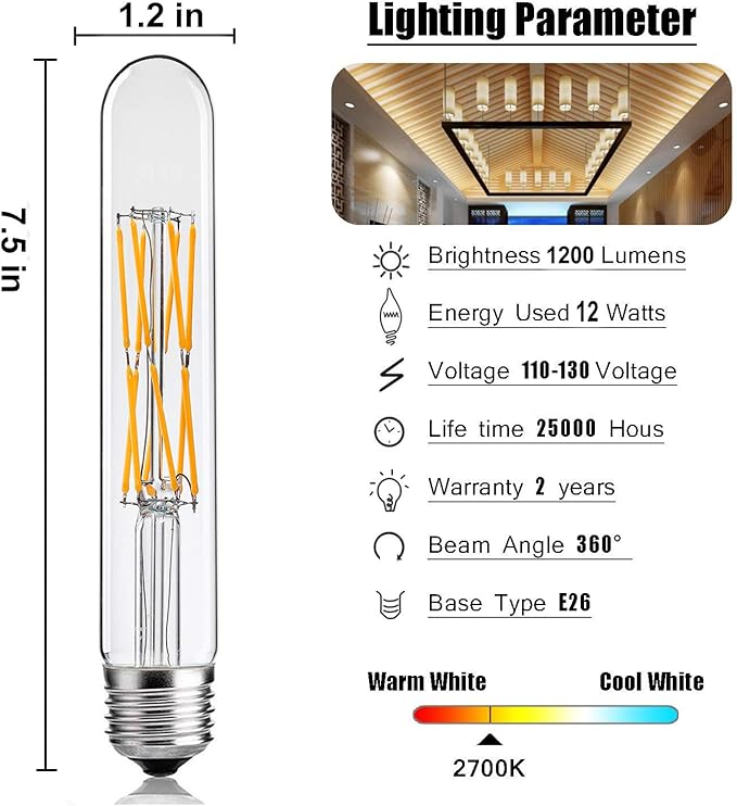 Leools T10 Led Bulbs,12W Dimmable Tubular Led Bulb,100 Watt Equivalent Edison Style Vintage LED Filament Light Bulb, E26 Long Tube Bulb,2700K Soft Warm White,7.3in(185mm),3-Pack.