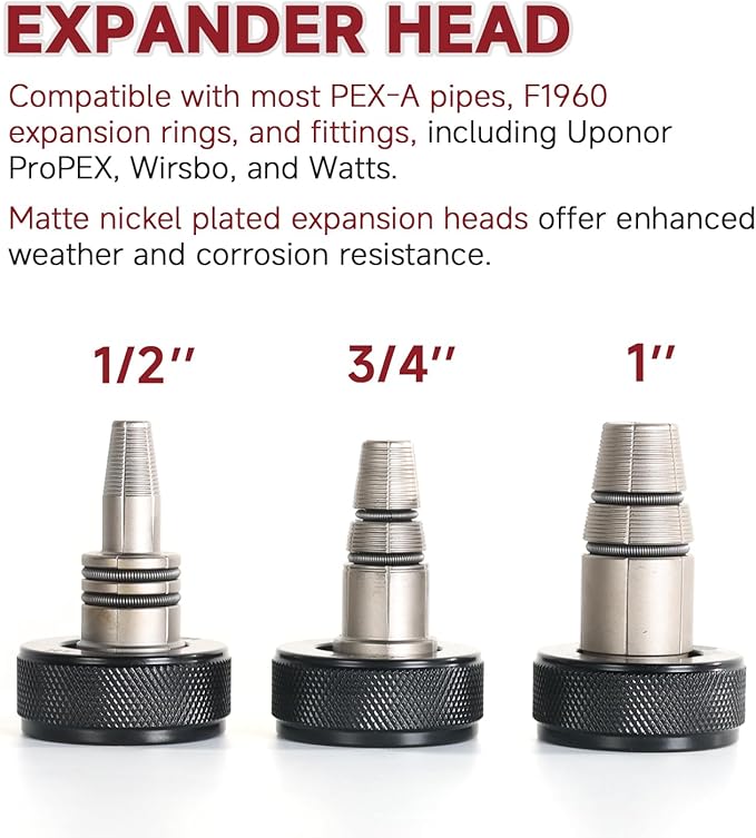 PEX-A Expander Tool Kit with 3 Self-Rotary Matte Nickel Plated Expansion Heads (1/2", 3/4", 1") – Includes PEX Cutter, Meets ASTM F1960 Standard, for Plumbing, HVAC, and PEX Fittings