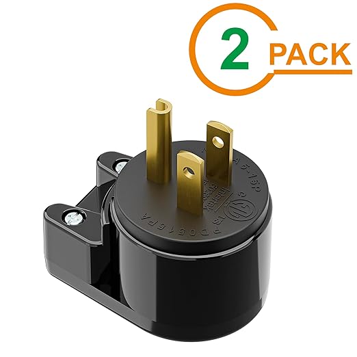 ETL Verified 2 Pack Nema 5-15P 90 Degree Right Angle AC Plugs, USA 3-Prong Household Right Angled Plugs - Black, 15A, 125V