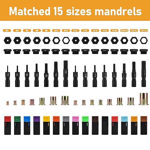 VIGRUE 16'' Rivet Nut Tool Kit Nutserts Rivnut Hand Tool Set with 15PCS Metric & SAE Mandrels and 300PCS Rivet Nuts Assortment