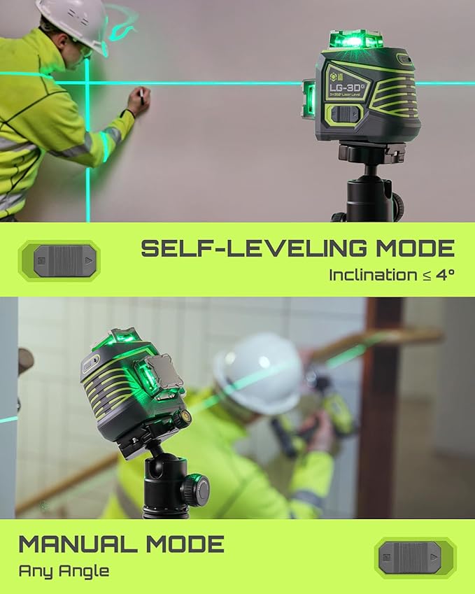 Laser Level 3x360° Self Leveling, 3D Green Cross Line Laser for Construction and Picture Hanging, Rechargeable Battery, Remote Control, Magnetic Rotating Stand Included - LG-3Dx