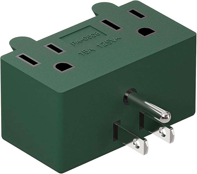 NEMA 5-15P to Dual 5-15R Adapter, Plugrand 90 Degree Downward Angled NEMA 5-15P Male to Female Adapter, Angled USA Power Adapter, 3 Prong Direction Changer Space Save Plug Green PA-0508G