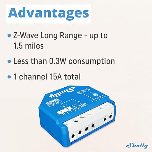 Shelly Wave 1 US LR UL | Z-Wave Long Range Smart Switch Relay, 1-Channel 15A Dry Contact | Home Automation | Low Power Consumption | High Compatibility | Easy Installation | iOS Android App