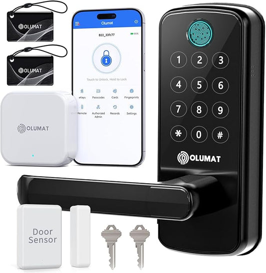 Smart Lock with WiFi Gateway, Keyless Entry Lock with Handle - Locks for Front Door with Keypad - Fingerprint Lock - App Control with Door Sensor - Auto Lock