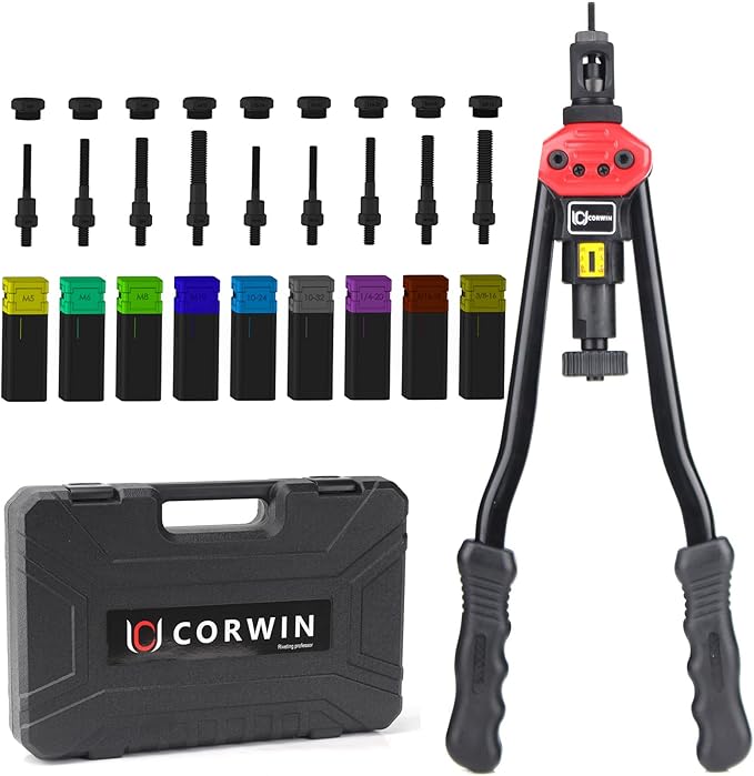 CORWIN Extra Long Mandrel Rivet Nut Tool Kit 1002 16-Inch Rivnut Gun Kit with 9 Long Mandrels, Rugged Carrying Case, Pre-Bulbed Shank Rivnut Threaded Insert Muti-Grip plusnut Setter