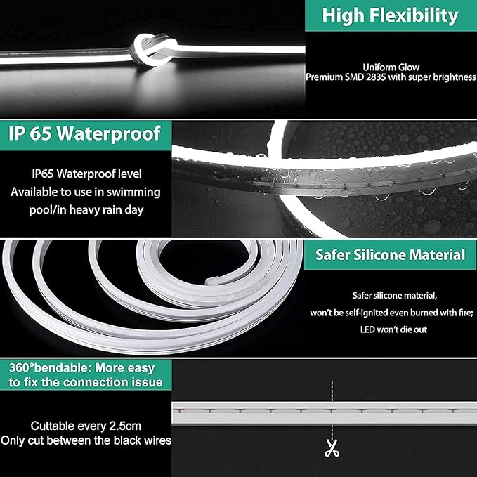 Lamomo LED Neon Rope Light, 12V White Neon LED Strip Light, 16.4ft/5m Dimmable Waterproof Strip Lighting, Silicone DIY Sign for Bedroom Indoor Home Decor (Power Adapter Included)