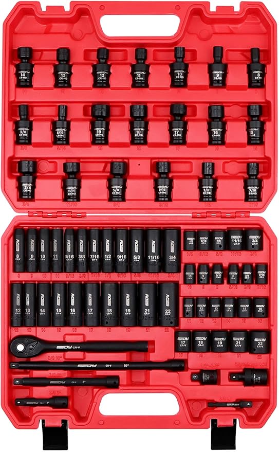 71-Piece 3/8" Drive Master Impact Socket Set, SAE and Metric, 5/16"- 3/4", 8mm - 22mm, Cr-V, Cr-MO, Universal Joint Deep Standard Sockets with Ratchet Handle, Swivel Sockets, Extension Bars, Adapters