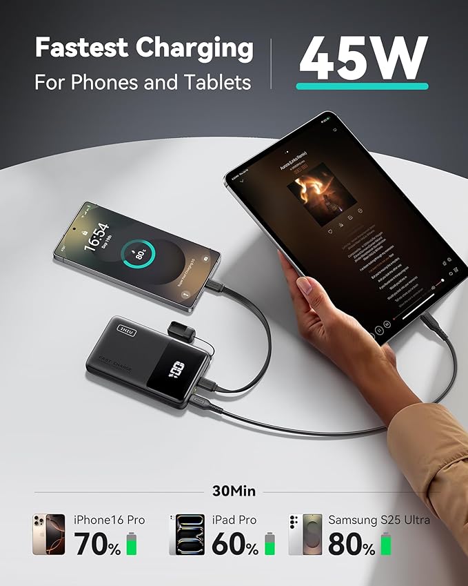 INIU Portable Charger, Slimmest 10000mAh 45W PD Fast Charging Power Bank, USB C in&Out Mini Battery Pack, Travel Essential Phone Powerbank for iPhone 17 16 15 Air Samsung S25 S24 Google Pixel iPad etc