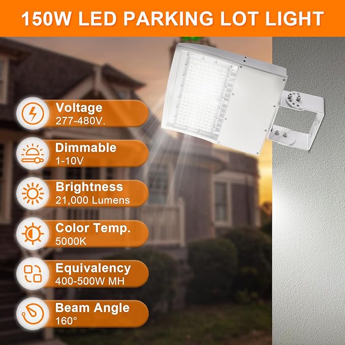 480V 150W White LED Parking Lot Light, 21000LM LED Shoebox Area Light [500W MH/HPS Equiv.], 5000K Dimmable Outdoor Street Lighting with Surge Protection Built-in, IP65 AC100-277V UL&DLC Listed