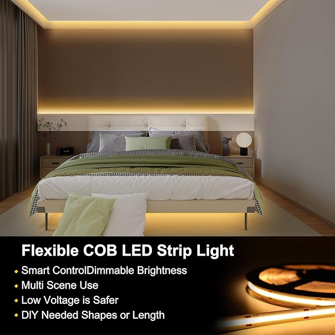 COB LED Strip Lights Warm White,24V Dimmable led Light Strip KIT with Remote and app Control,2700K 32.8FT/2 * 5m 8mm Wide Ra>90 Cuttable Flexible Strip Lights for Bedroom,Shelf,Cabinet