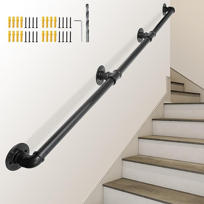 SCIEO 11.4FT Industrial Stair Handrail, Wall-Mounted Staircase Handrail for Indoor Outdoor Steps, Metal Pipe Stair Railing Galvanized Steell Hand Rail Non-Slip Grab Bar for Steps Stairs Porch Deck