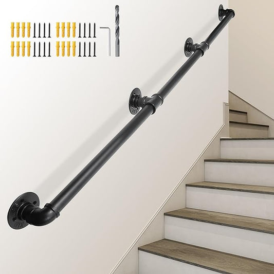 SCIEO 11.4FT Industrial Stair Handrail, Wall-Mounted Staircase Handrail for Indoor Outdoor Steps, Metal Pipe Stair Railing Galvanized Steell Hand Rail Non-Slip Grab Bar for Steps Stairs Porch Deck