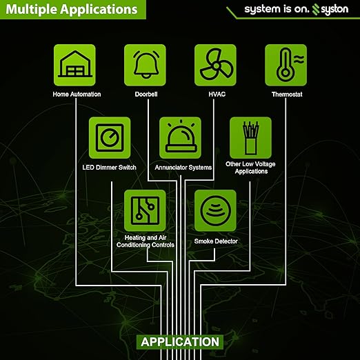 Syston 18/4 Thermostat Doorbell HVAC Heating Control Cable Wire, 100% Solid Copper Conductors CL3R/FT4/CMR Riser-Rated UL/ETL Listed, UV Resistant RoHS for Indoor/Outdoor Low Voltage Applications Use