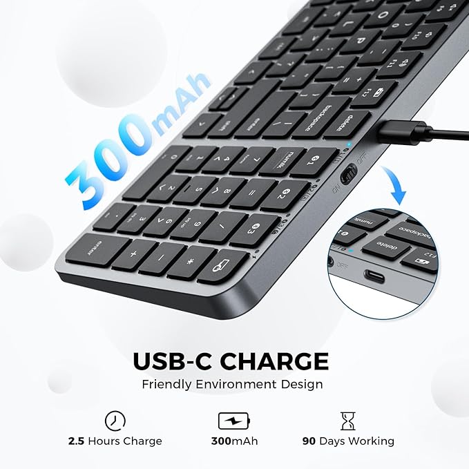 iClever BK20 Bluetooth Keyboard, with Numeric Keypad, Multi-Device Rechargeable and Stable Connection Compact Size Wireless Keyboard for MacBook, Laptop, iPad, Tablet, Windows