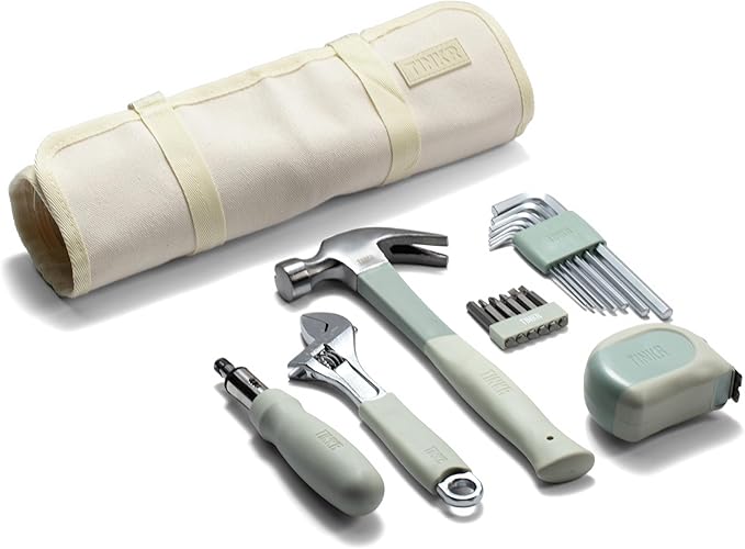 TINKR Home Essentials Tool Kit – Hammer, Ratchet Screwdriver, Tape Measure, Allen Keys & Wrench in Canvas Case. Modern Tool Set for DIY & Home Repairs