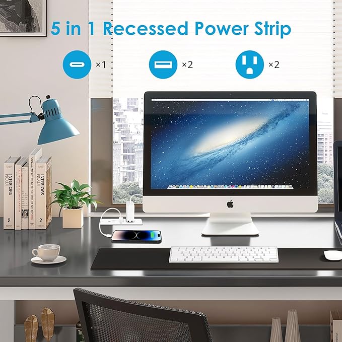 HHSOET 5 in 1 Recessed Power Strip Flat Plug, 20W Fast Charging Furniture Outlet with USB, Conference Recessed Socket with 2 AC Plugs, 2 USB Ports 1 USB-C, 6ft Power Cord. (White)