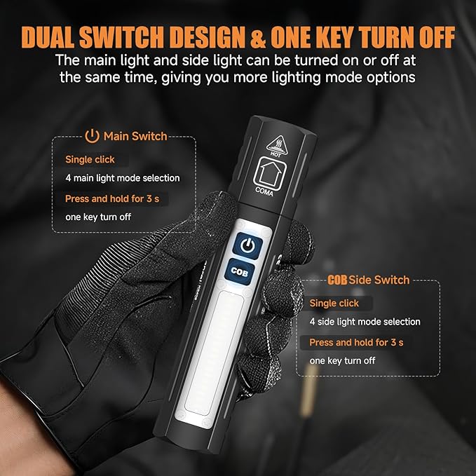 Rechargeable Tactical Flashlights High Lumens - Super Bright Small Powerful LED Magnetic USB C Flashlight, 8 Modes, Dual Button Waterproof Pocket Flash Light for Emergency, Car (1, Black)